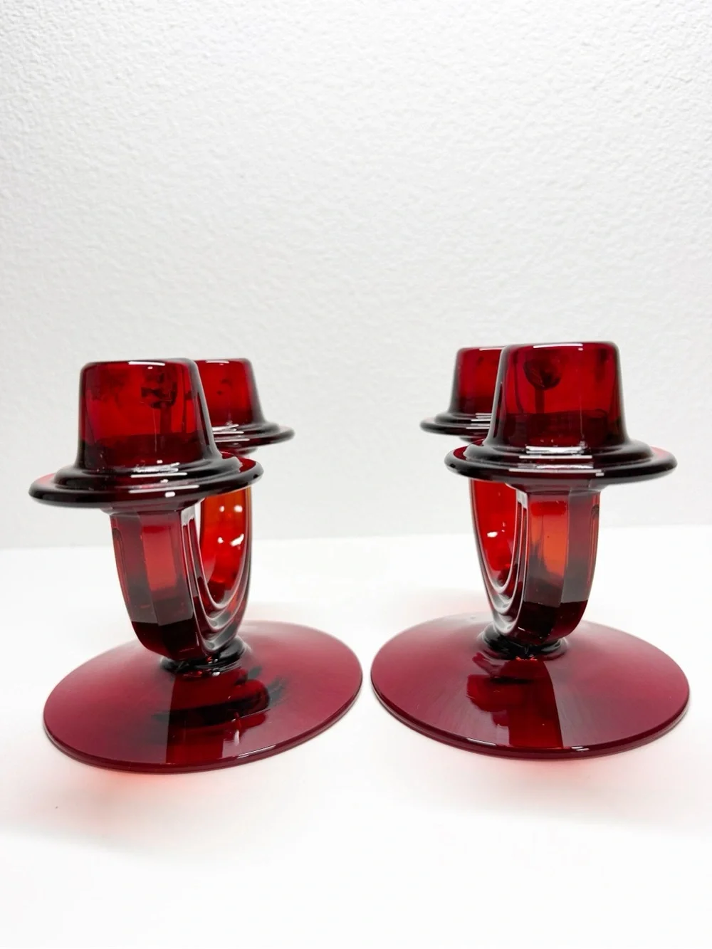 Rare 30s Vintage Fostoria Ruby Red Duo Art Deco Taper Candle Sticks Pair